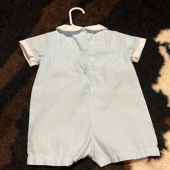 Petit ami blue and white train onesie size 3 months